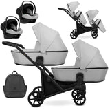 Zwillingskinderwagen-Set, Ansicht bestehend aus zwei 3-in-1 Kinderwagen in Grau mit schwarzem Rahmen sowie Tasche und 2x Kinderautositz.