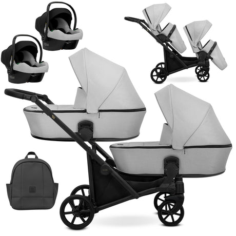 Zwillingskinderwagen-Set, Ansicht bestehend aus zwei 3-in-1 Kinderwagen in Grau mit schwarzem Rahmen sowie Tasche und 2x Kinderautositz.