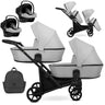 Zwillingskinderwagen-Set, Ansicht bestehend aus zwei 3-in-1 Kinderwagen in Grau mit schwarzem Rahmen sowie Tasche und 2x Kinderautositz.