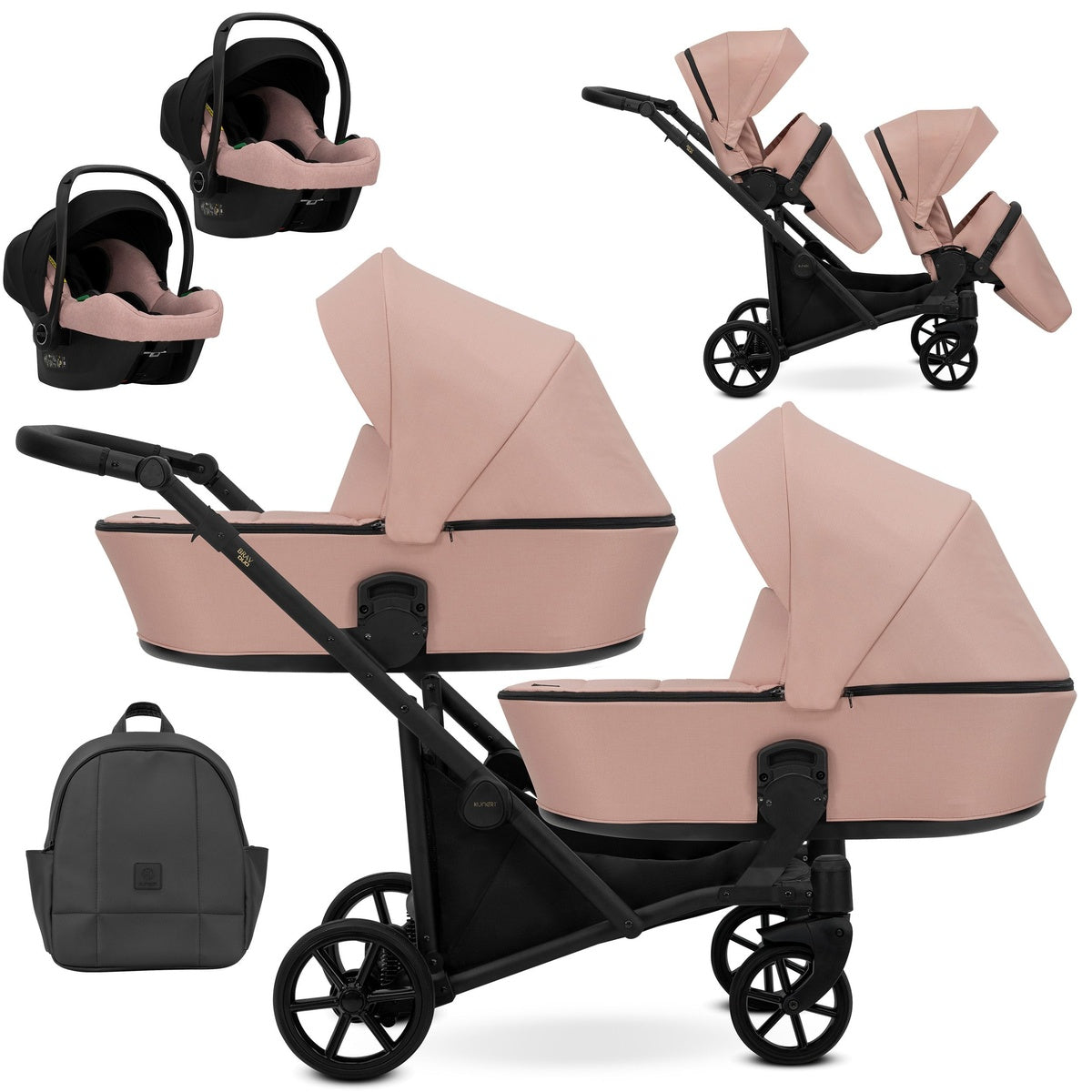Zwillingskinderwagen-Set, Ansicht bestehend aus zwei 3-in-1 Kinderwagen in Pink mit schwarzem Rahmen sowie Tasche und 2x Kinderautositz.