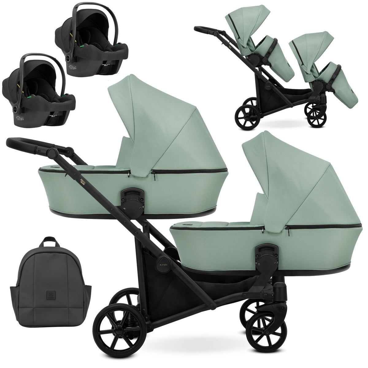 Zwillingskinderwagen-Set, Ansicht bestehend aus zwei 3-in-1 Kinderwagen in Mint mit schwarzem Rahmen sowie einer Tasche und 2x Kinderautositz.