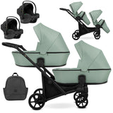 Zwillingskinderwagen-Set, Ansicht bestehend aus zwei 3-in-1 Kinderwagen in Mint mit schwarzem Rahmen sowie einer Tasche und 2x Kinderautositz.