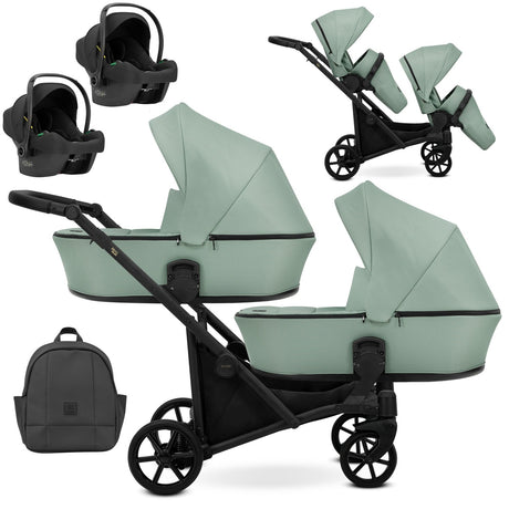Zwillingskinderwagen-Set, Ansicht bestehend aus zwei 3-in-1 Kinderwagen in Mint mit schwarzem Rahmen sowie einer Tasche und 2x Kinderautositz.