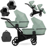 Zwillingskinderwagen-Set, Ansicht bestehend aus zwei 3-in-1 Kinderwagen in Mint mit schwarzem Rahmen sowie einer Tasche und 2x Kinderautositz.