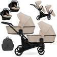Zwillingskinderwagen-Set, Ansicht bestehend aus zwei 3-in-1 Kinderwagen in Creme mit schwarzem Rahmen sowie einer Tasche und 2x Kinderautositz.
