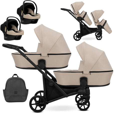 Zwillingskinderwagen-Set, Ansicht bestehend aus zwei 3-in-1 Kinderwagen in Creme mit schwarzem Rahmen sowie einer Tasche und 2x Kinderautositz.