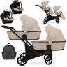 Zwillingskinderwagen-Set, Ansicht bestehend aus zwei 3-in-1 Kinderwagen in Creme mit schwarzem Rahmen sowie einer Tasche und 2x Kinderautositz.
