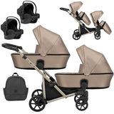 Zwillingskinderwagen-Set, Ansicht bestehend aus zwei 3-in-1 Kinderwagen in Braun mit schwarzem Rahmen sowie einer Tasche und 2x Kinderautositz.
