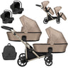 Zwillingskinderwagen-Set, Ansicht bestehend aus zwei 3-in-1 Kinderwagen in Braun mit schwarzem Rahmen sowie einer Tasche und 2x Kinderautositz.