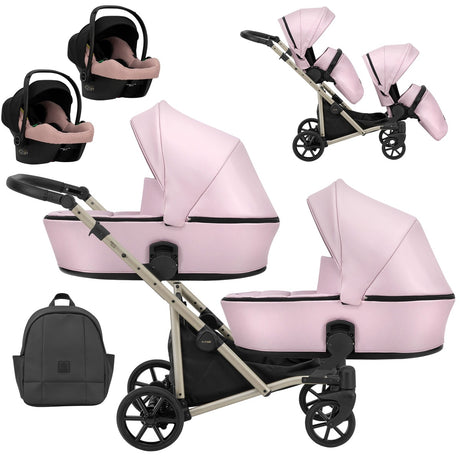 Zwillingskinderwagen-Set, Ansicht bestehend aus zwei 3-in-1 Kinderwagen in Pink mit schwarzem Rahmen sowie einer Tasche und 2x Kinderautositz.