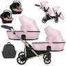 Zwillingskinderwagen-Set, Ansicht bestehend aus zwei 3-in-1 Kinderwagen in Pink mit schwarzem Rahmen sowie einer Tasche und 2x Kinderautositz.