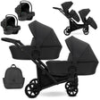 Zwillingskinderwagen-Set, Ansicht bestehend aus zwei 3-in-1 Kinderwagen in Schwarz mit schwarzem Rahmen sowie einer Tasche und 2x Kinderautositz.