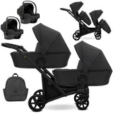 Zwillingskinderwagen-Set, Ansicht bestehend aus zwei 3-in-1 Kinderwagen in Schwarz mit schwarzem Rahmen sowie einer Tasche und 2x Kinderautositz.