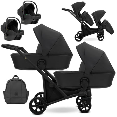 Zwillingskinderwagen-Set, Ansicht bestehend aus zwei 3-in-1 Kinderwagen in Schwarz mit schwarzem Rahmen sowie einer Tasche und 2x Kinderautositz.