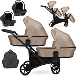 Zwillingskinderwagen-Set, Ansicht bestehend aus zwei 3-in-1 Kinderwagen in Braun mit schwarzem Rahmen sowie einer Tasche und 2x Kinderautositz.