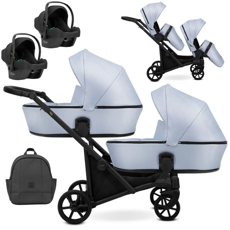 Zwillingskinderwagen-Set, Ansicht bestehend aus zwei 3-in-1 Kinderwagen in Blau mit schwarzem Rahmen sowie einer Tasche und 2x Kinderautositz.