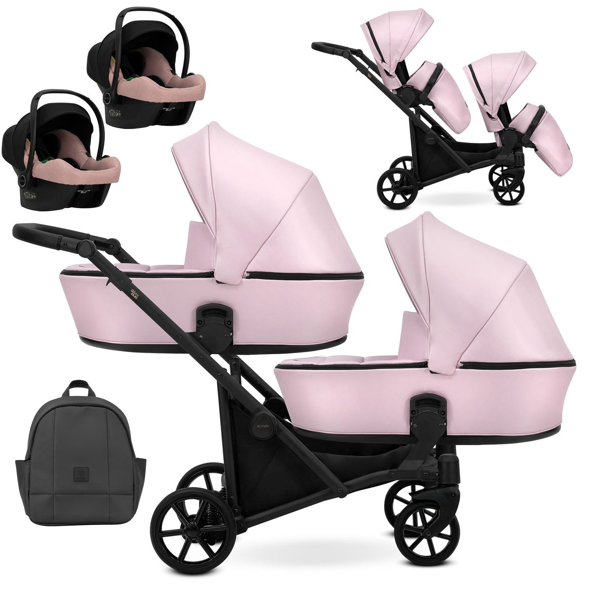 Zwillingskinderwagen-Set, Ansicht bestehend aus zwei 3-in-1 Kinderwagen in Pink mit schwarzem Rahmen sowie einer Tasche und 2x Kinderautositz.