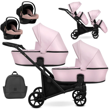 Zwillingskinderwagen-Set, Ansicht bestehend aus zwei 3-in-1 Kinderwagen in Pink mit schwarzem Rahmen sowie einer Tasche und 2x Kinderautositz.