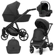 Schwarzer Kombikinderwagen in drei Ansichten: links Seitenansicht mit Babywanne, rechts Frontansicht mit Sportsitz, unten Vorderansicht eines passenden Rucksacks, rechts oben Ansicht eines passenden Autositz dazu.