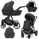 Schwarzer Kombikinderwagen in drei Ansichten: links Seitenansicht mit Babywanne, rechts Frontansicht mit Sportsitz, unten Vorderansicht eines passenden Rucksacks, rechts oben Ansicht eines passenden Autositz dazu.