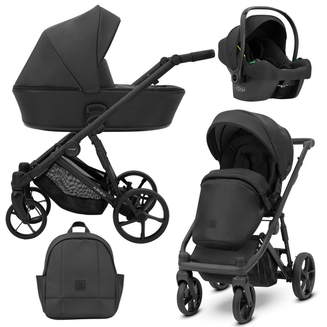 Schwarzer Kombikinderwagen in drei Ansichten: links Seitenansicht mit Babywanne, rechts Frontansicht mit Sportsitz, unten Vorderansicht eines passenden Rucksacks, rechts oben Ansicht eines passenden Autositz dazu.