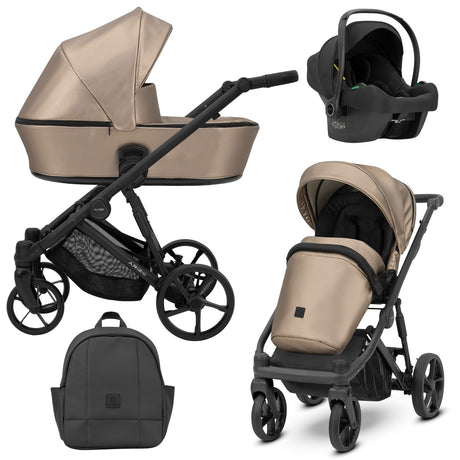 Schwarzer Kombikinderwagen in drei Ansichten: links Seitenansicht mit Babywanne, rechts Frontansicht mit Sportsitz, unten Vorderansicht eines passenden Rucksacks, rechts oben Ansicht eines passenden Autositz dazu.