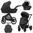 Kombikinderwagen in drei Ansichten: links Seitenansicht mit Babywanne, rechts Frontansicht mit Sportsitz, unten Vorderansicht eines passenden Rucksacks, rechts oben Ansicht eines passenden Autositz dazu.