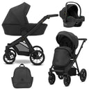 Kombikinderwagen in drei Ansichten: links Seitenansicht mit Babywanne, rechts Frontansicht mit Sportsitz, unten Vorderansicht eines passenden Rucksacks, rechts oben Ansicht eines passenden Autositz dazu.
