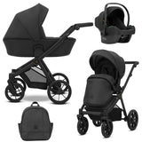 Kombikinderwagen in drei Ansichten: links Seitenansicht mit Babywanne, rechts Frontansicht mit Sportsitz, unten Vorderansicht eines passenden Rucksacks, rechts oben Ansicht eines passenden Autositz dazu.