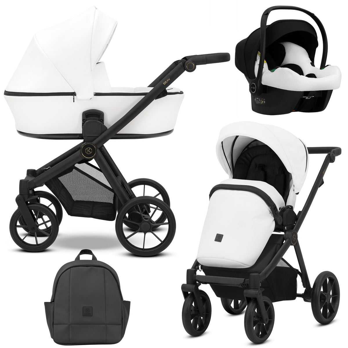Kombikinderwagen in drei Ansichten: links Seitenansicht mit Babywanne, rechts Frontansicht mit Sportsitz, unten Vorderansicht eines passenden Rucksacks, rechts oben Ansicht eines passenden Autositz dazu.