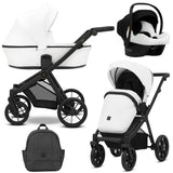 Kombikinderwagen in drei Ansichten: links Seitenansicht mit Babywanne, rechts Frontansicht mit Sportsitz, unten Vorderansicht eines passenden Rucksacks, rechts oben Ansicht eines passenden Autositz dazu.
