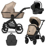 Kombikinderwagen in drei Ansichten: links Seitenansicht mit Babywanne, rechts Frontansicht mit Sportsitz, unten Vorderansicht eines passenden Rucksacks, rechts oben Ansicht eines passenden Autositz dazu.