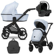 Kombikinderwagen in drei Ansichten: links Seitenansicht mit Babywanne, rechts Frontansicht mit Sportsitz, unten Vorderansicht eines passenden Rucksacks, rechts oben Ansicht eines passenden Autositz dazu.