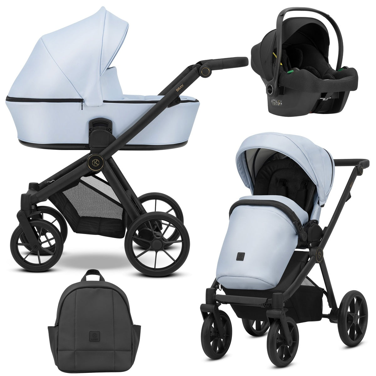 Kombikinderwagen in drei Ansichten: links Seitenansicht mit Babywanne, rechts Frontansicht mit Sportsitz, unten Vorderansicht eines passenden Rucksacks, rechts oben Ansicht eines passenden Autositz dazu.