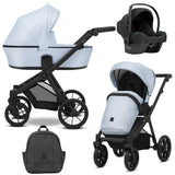 Kombikinderwagen in drei Ansichten: links Seitenansicht mit Babywanne, rechts Frontansicht mit Sportsitz, unten Vorderansicht eines passenden Rucksacks, rechts oben Ansicht eines passenden Autositz dazu.