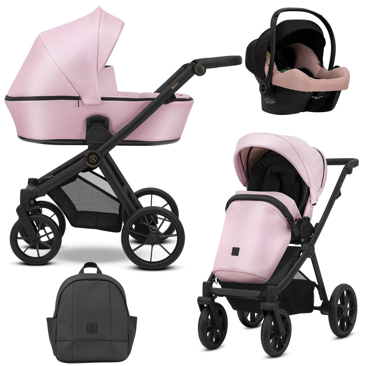 Kombikinderwagen in drei Ansichten: links Seitenansicht mit Babywanne, rechts Frontansicht mit Sportsitz, unten Vorderansicht eines passenden Rucksacks, rechts oben Ansicht eines passenden Autositz dazu.