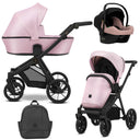 Kombikinderwagen in drei Ansichten: links Seitenansicht mit Babywanne, rechts Frontansicht mit Sportsitz, unten Vorderansicht eines passenden Rucksacks, rechts oben Ansicht eines passenden Autositz dazu.