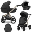 Kombikinderwagen in drei Ansichten: links Seitenansicht mit Babywanne, rechts Frontansicht mit Sportsitz, unten Vorderansicht eines passenden Rucksacks, rechts oben Ansicht eines passenden Autositz dazu.