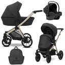 Kombikinderwagen in drei Ansichten: links Seitenansicht mit Babywanne, rechts Frontansicht mit Sportsitz, unten Vorderansicht eines passenden Rucksacks, rechts oben Ansicht eines passenden Autositz dazu.