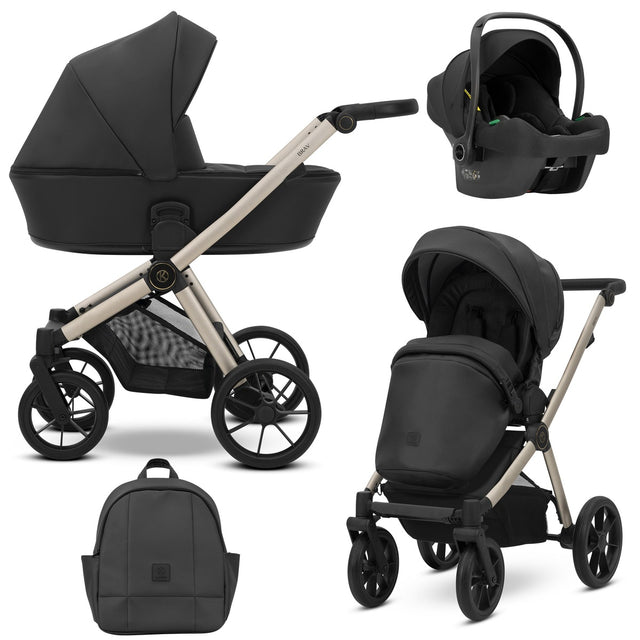 Kombikinderwagen in drei Ansichten: links Seitenansicht mit Babywanne, rechts Frontansicht mit Sportsitz, unten Vorderansicht eines passenden Rucksacks, rechts oben Ansicht eines passenden Autositz dazu.