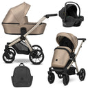 Kombikinderwagen in drei Ansichten: links Seitenansicht mit Babywanne, rechts Frontansicht mit Sportsitz, unten Vorderansicht eines passenden Rucksacks, rechts oben Ansicht eines passenden Autositz dazu.