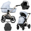 Kombikinderwagen in drei Ansichten: links Seitenansicht mit Babywanne, rechts Frontansicht mit Sportsitz, unten Vorderansicht eines passenden Rucksacks, rechts oben Ansicht eines passenden Autositz dazu.