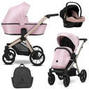 Kombikinderwagen in drei Ansichten: links Seitenansicht mit Babywanne, rechts Frontansicht mit Sportsitz, unten Vorderansicht eines passenden Rucksacks, rechts oben Ansicht eines passenden Autositz dazu.