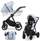 Kombikinderwagen in drei Ansichten: links Seitenansicht mit Babywanne, rechts Frontansicht mit Sportsitz, unten Vorderansicht eines passenden Rucksacks.