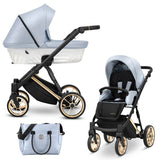 Kombikinderwagen in drei Ansichten: links Seitenansicht mit Babywanne, rechts Frontansicht mit Sportsitz, unten Vorderansicht eines passenden Rucksacks.