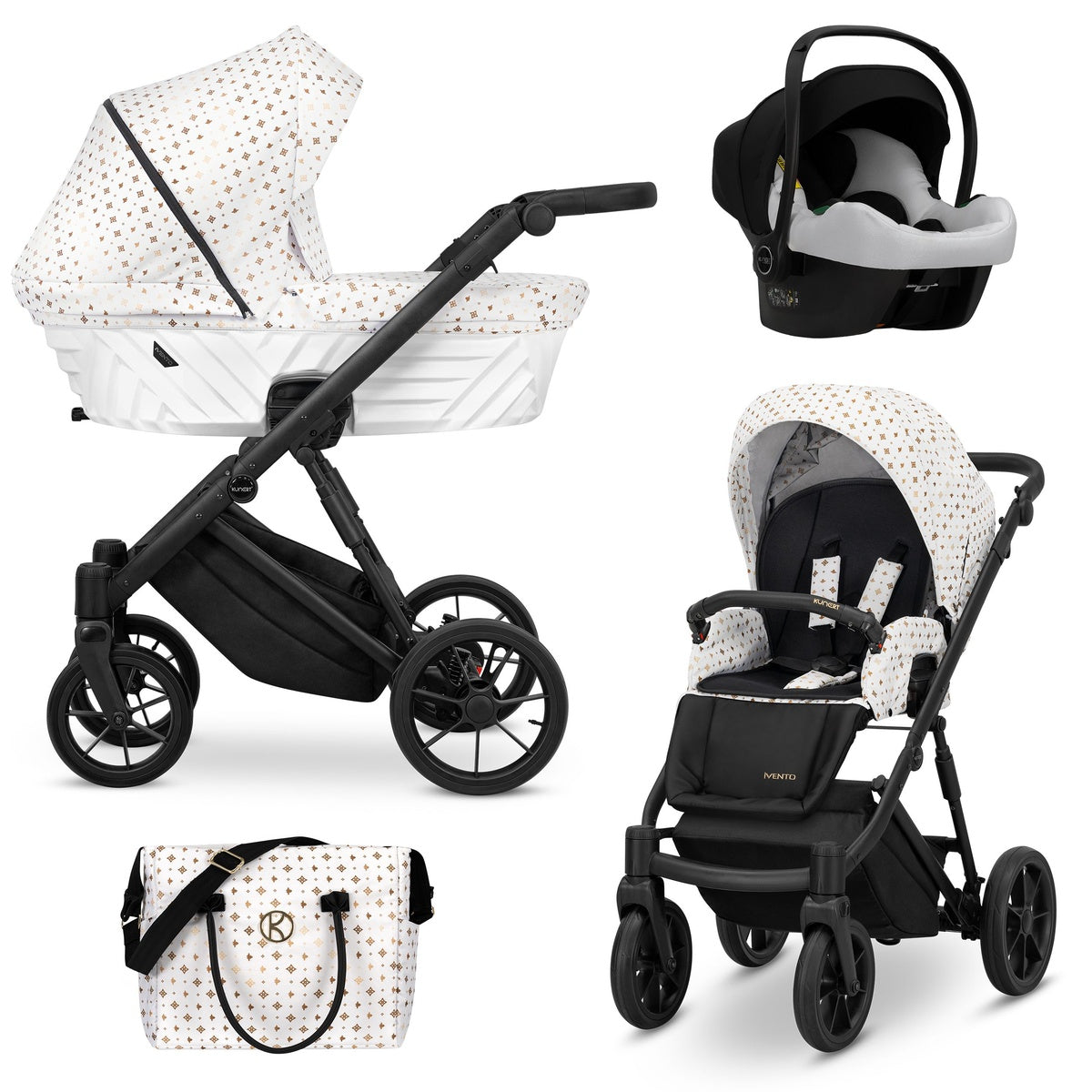 Kombikinderwagen in drei Ansichten: links Seitenansicht mit Babywanne, rechts Frontansicht mit Sportsitz, unten Vorderansicht eines passenden Rucksacks.