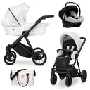 Kombikinderwagen in drei Ansichten: links Seitenansicht mit Babywanne, rechts Frontansicht mit Sportsitz, unten Vorderansicht eines passenden Rucksacks.