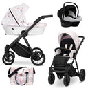 Kombikinderwagen in drei Ansichten: links Seitenansicht mit Babywanne, rechts Frontansicht mit Sportsitz, unten Vorderansicht eines passenden Rucksacks.