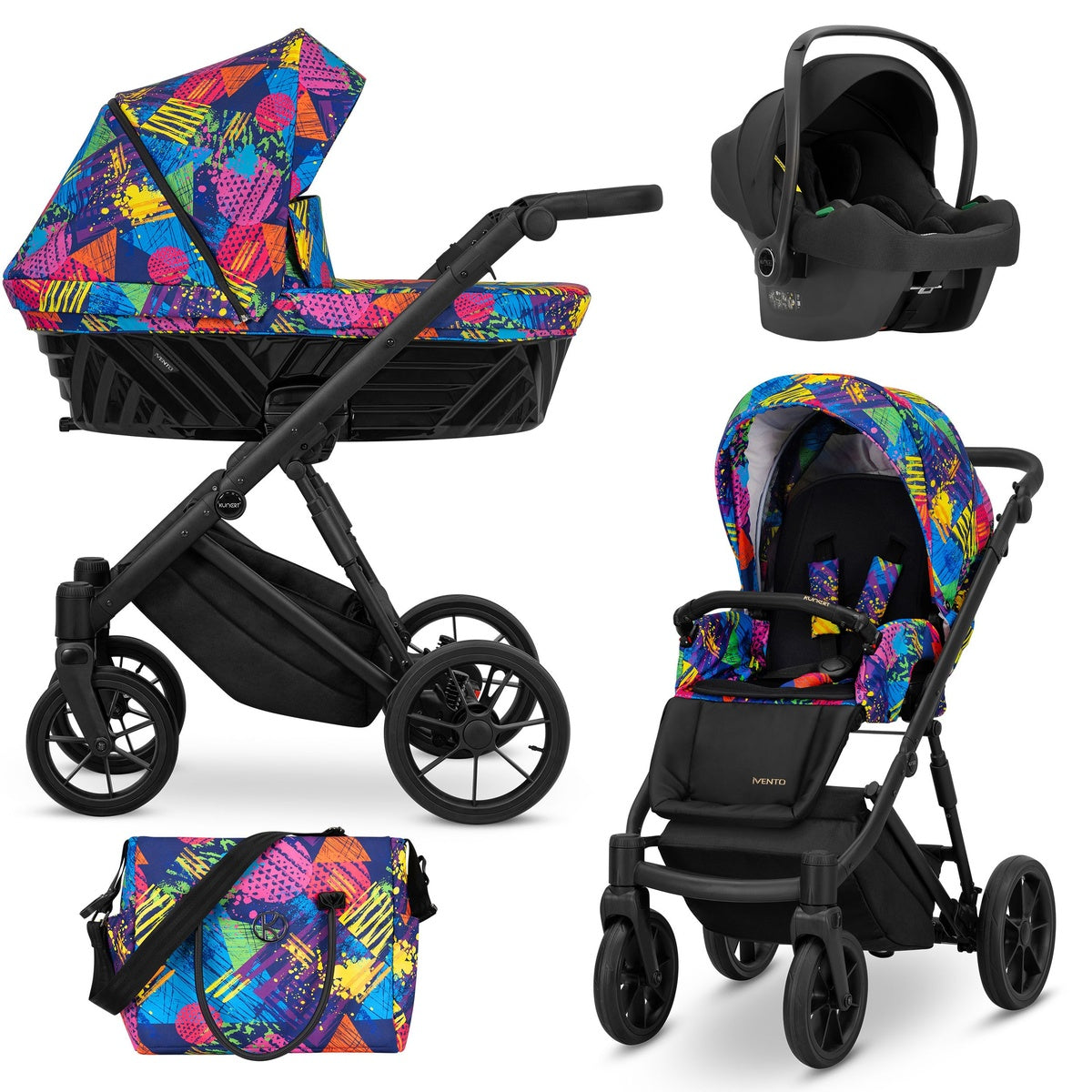 Kombikinderwagen in drei Ansichten: links Seitenansicht mit Babywanne, rechts Frontansicht mit Sportsitz, unten Vorderansicht eines passenden Rucksacks.