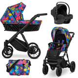 Kombikinderwagen in drei Ansichten: links Seitenansicht mit Babywanne, rechts Frontansicht mit Sportsitz, unten Vorderansicht eines passenden Rucksacks.